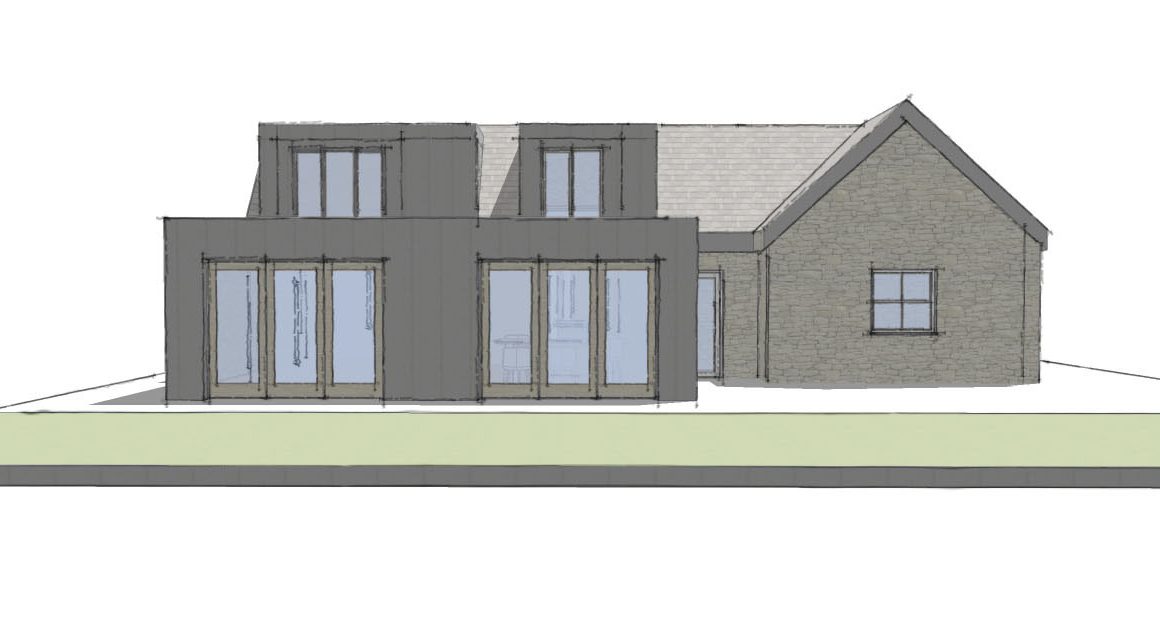 Extension in Wingerworth Derbyshire. Architects sketches and 3d modelling for an open plan extension and dormer. Kitchen dining and livingarea design and remodel