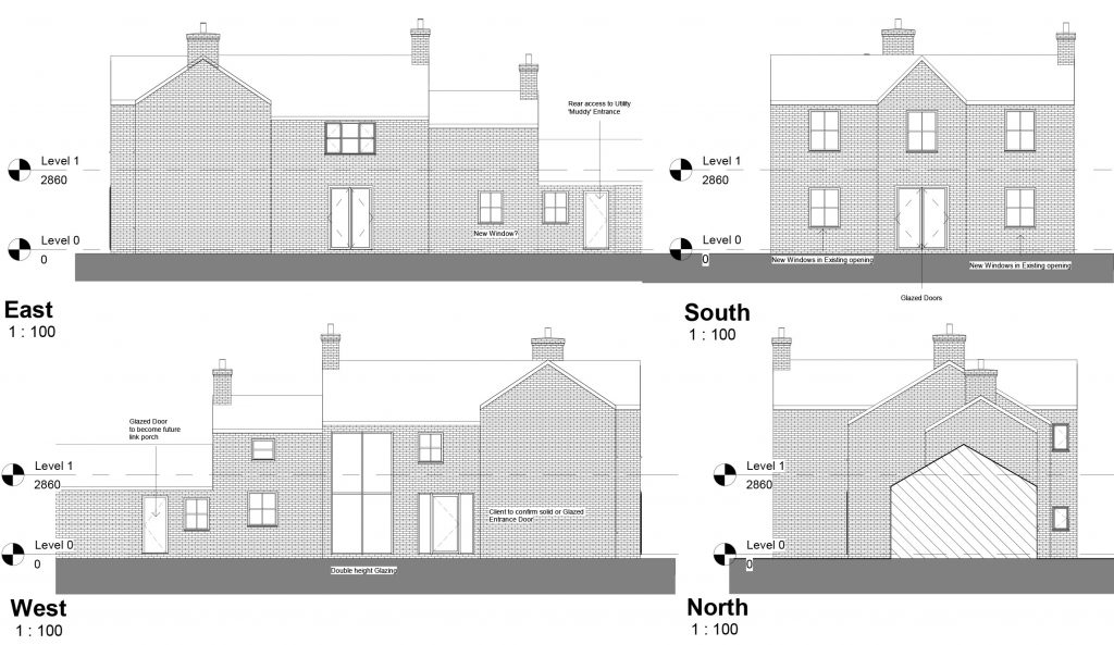 Architectural elevations for farmhouse conversion and remodel in Derbyshire
